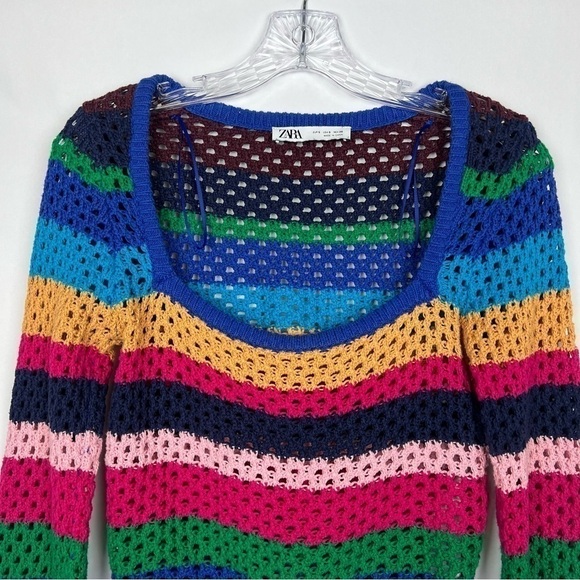 Zara women square neck crochet top size S cropped long sleeve striped multicolor - Picture 3 of 9